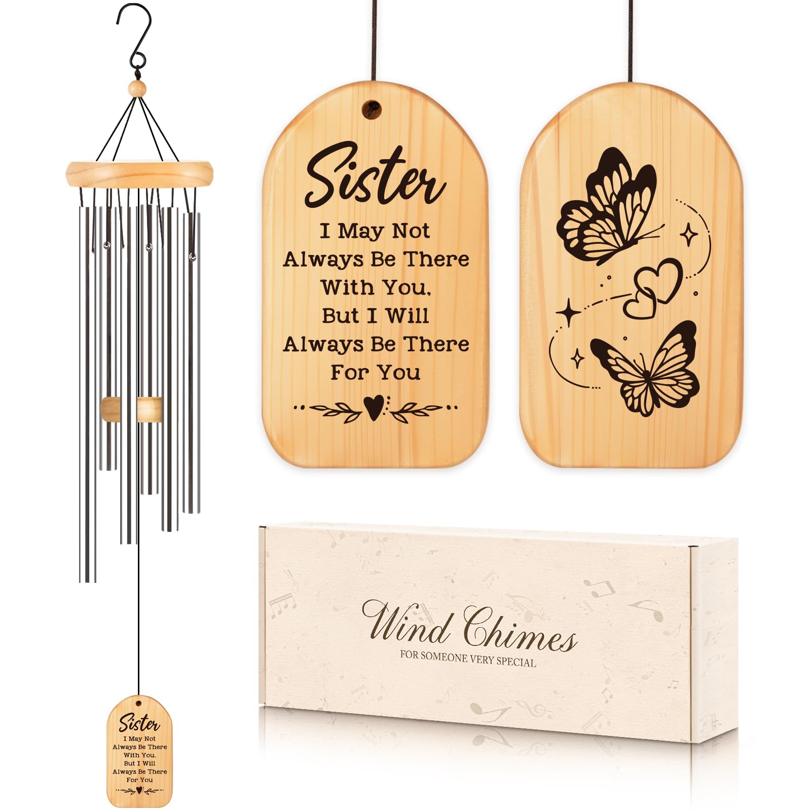 Photo 1 of Milcier Sister Birthday Gifts, Sisters Gifts from Sisters Brother, Sisters Wind Chimes, Unique Christmas Mothers Day Valentines Day Gift for Sister, Bestie, Silver, Butterfly, 25.5 inch