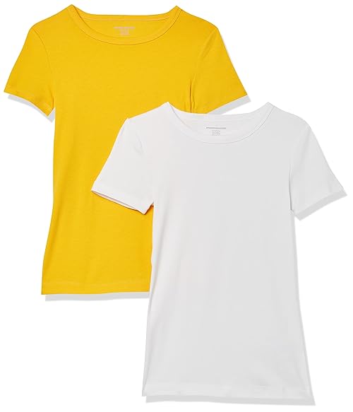 Amazon Essentials Women's Slim-Fit Short-Sleeve Crewneck T-Shirt, Pack of 2, White/Gold, Medium