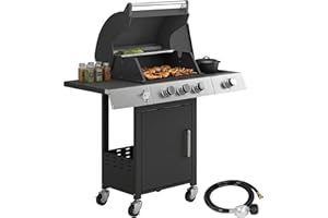Outsunny 3 Burner Propane Gas Grill with Side Burner, 36,000 BTU BBQ Grill, Propane BBQ with Cast Iron Grates, Wheels, Warmin