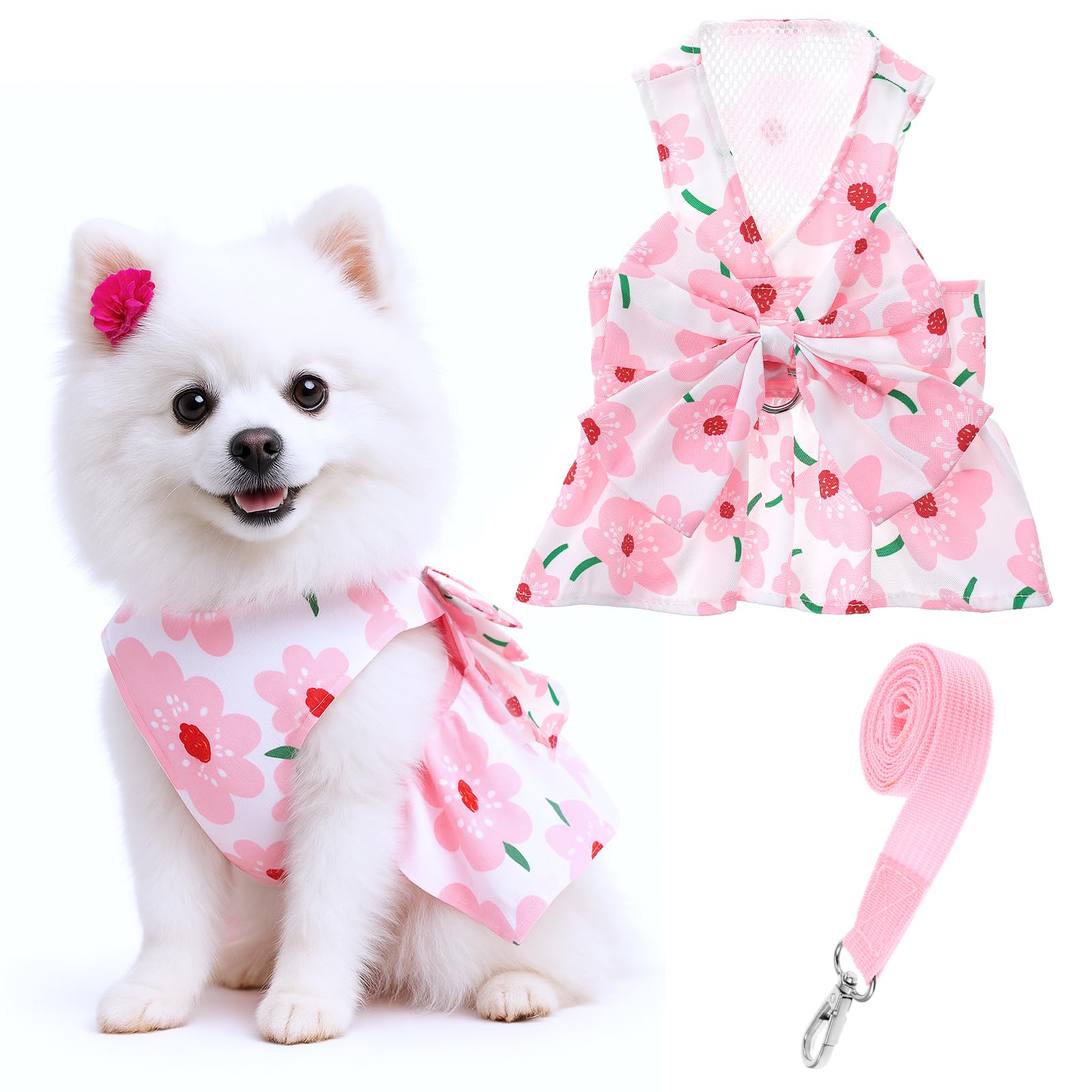 Photo 1 of HJZHII Dog Dresses for Small Dogs Girls, Floral Print Puppy Clothes Bowknot Harness Dress Doggy Princess Spring Summer Breathable Female Pet Skirts Outfits with Collar Leash Attachment(Pink, S)