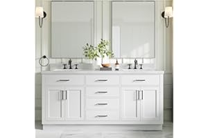 ARIEL 73" White Double Vanity, 1.5" Edge Pure White Quartz Countertop & Splash, Rectangular Sinks, 4 Soft Closing Doors, 6 Full Extension Dovetail Drawers, Toe Kick, Matte Black