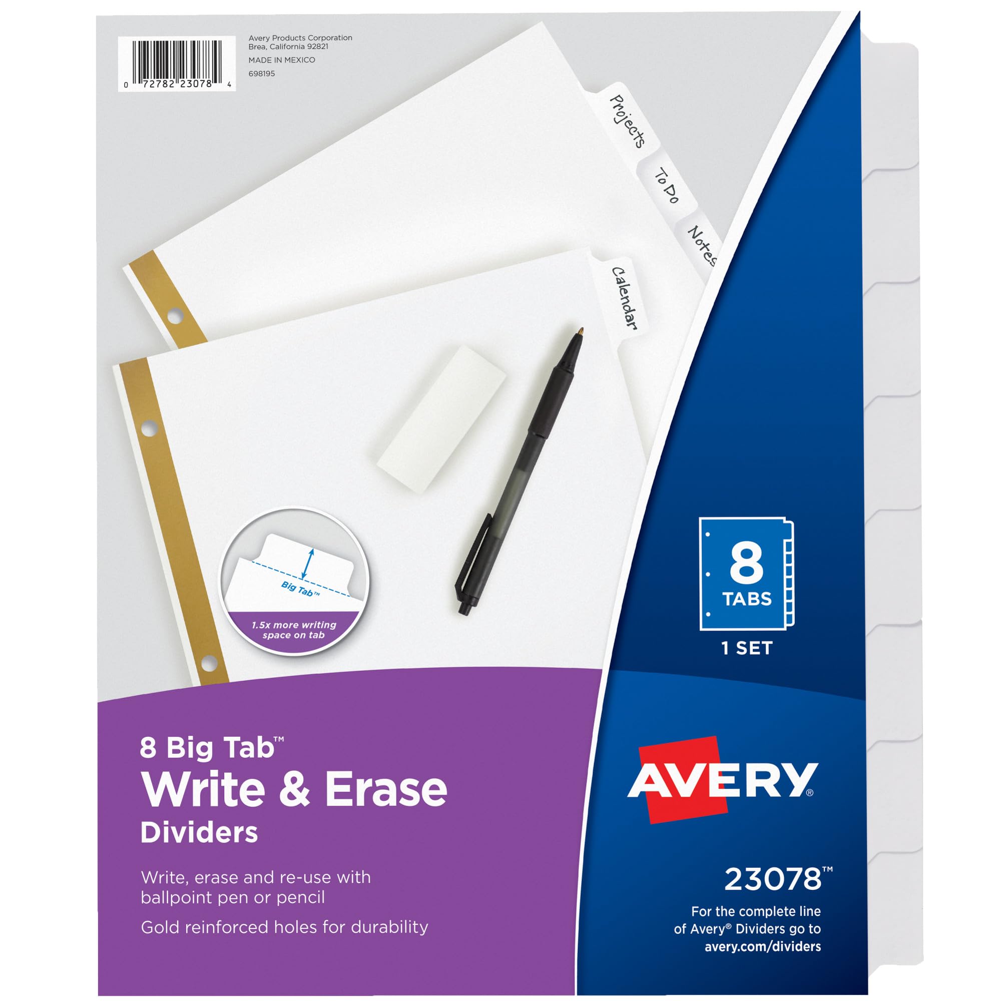 Avery 8-Tab Binder Dividers, Write & Erase White Big Tabs, 48 Sets (23078) Image
