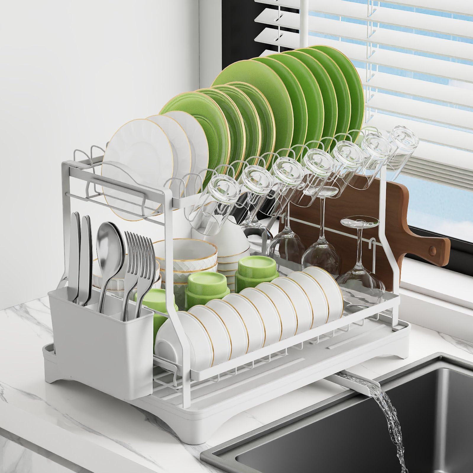 Photo 1 of Dish Drying Rack, Dish Rack 2 Tiers for Kitchen Counter, Space-Saving Large Dish Rack with Drain Kitchen Organizer and Storage Rack with Drainboard, Screw-Free Mounting (White)