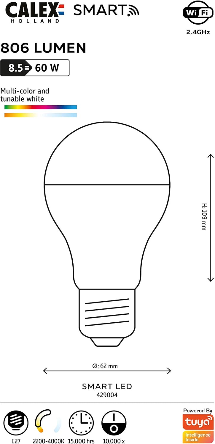 CALEX - Smart Light Bulb E27, WiFi LED A60 Bulb, RGB, App and Works with Amazon Alexa and Google Home, 9.4W - Image 5