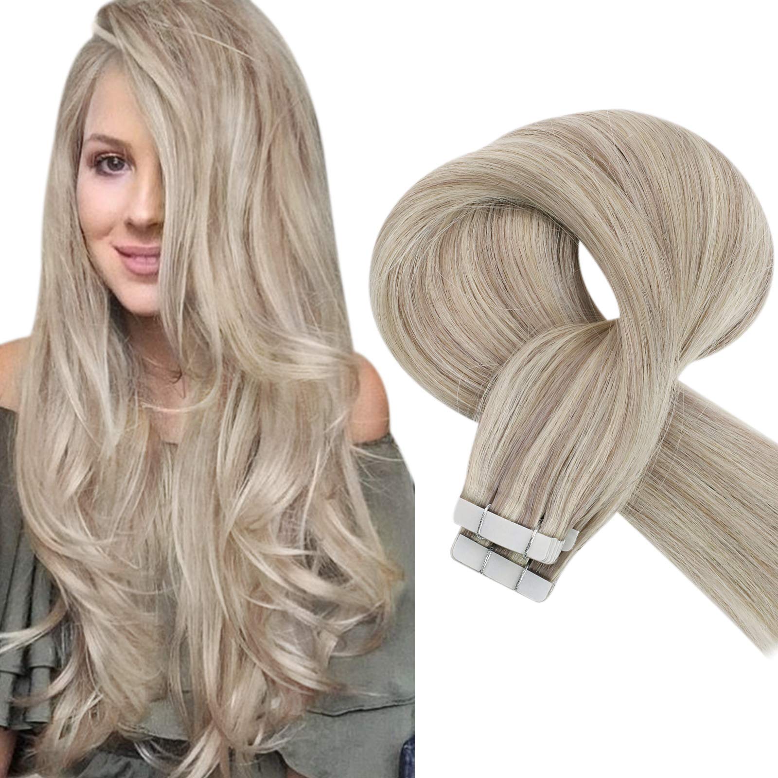 Sunny Tape in Hair Extensions Human Hair Blonde Highlights Tape in Real Hair Extensions Highlight Dirty Blonde Mix Platinum Blonde Natural Hair Extensions Tape in Human Hair Blonde 20pcs 50g 18inch