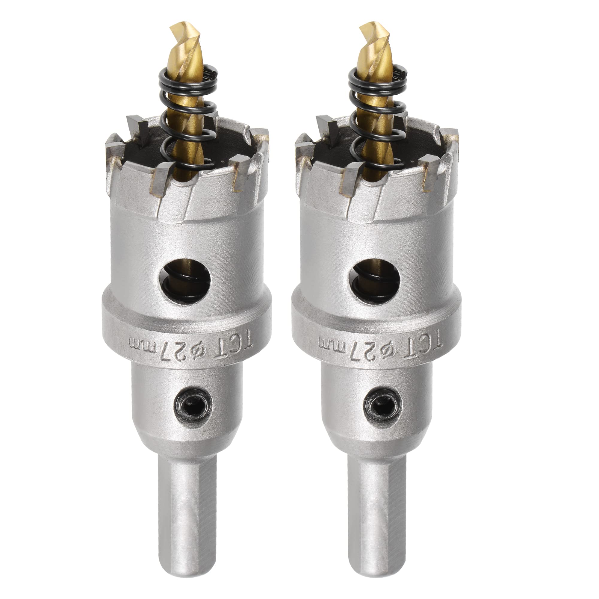 sourcing map 27mm Carbide Hole Cutter, Hole Saws for Stainless Steel Sheet Metal, Non-Slip Triangular Shank Limit Step, with Titanium Coated Center Drill, 2pcs