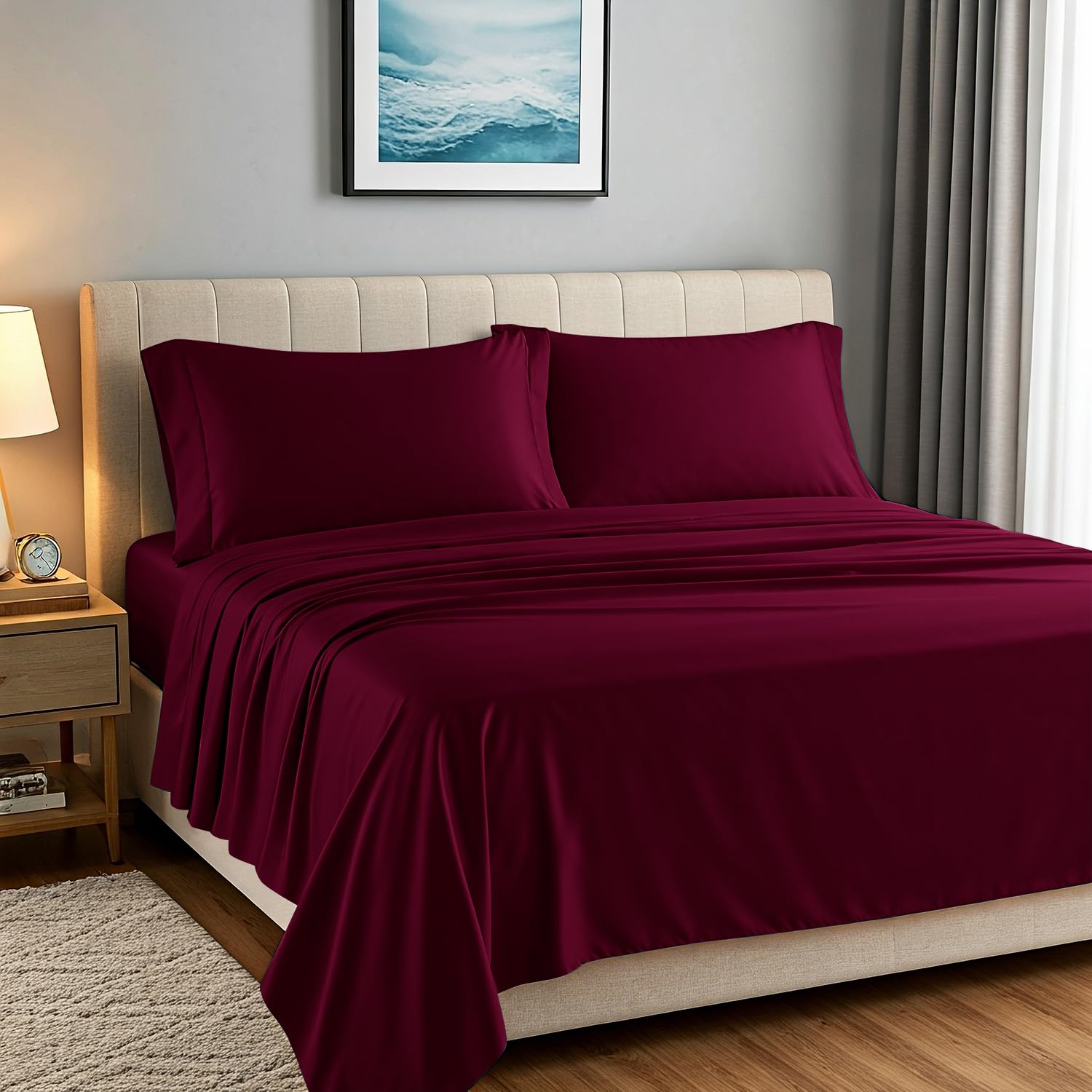 Photo 1 of Carressa Linen 100% Egyptian Cotton Sheets California King Size - 1500 Thread Count 4 PC Cal King Sheets Egyptian Cotton, Cooling Sateen Sheets, High Thread Count Sheets California King - Burgundy