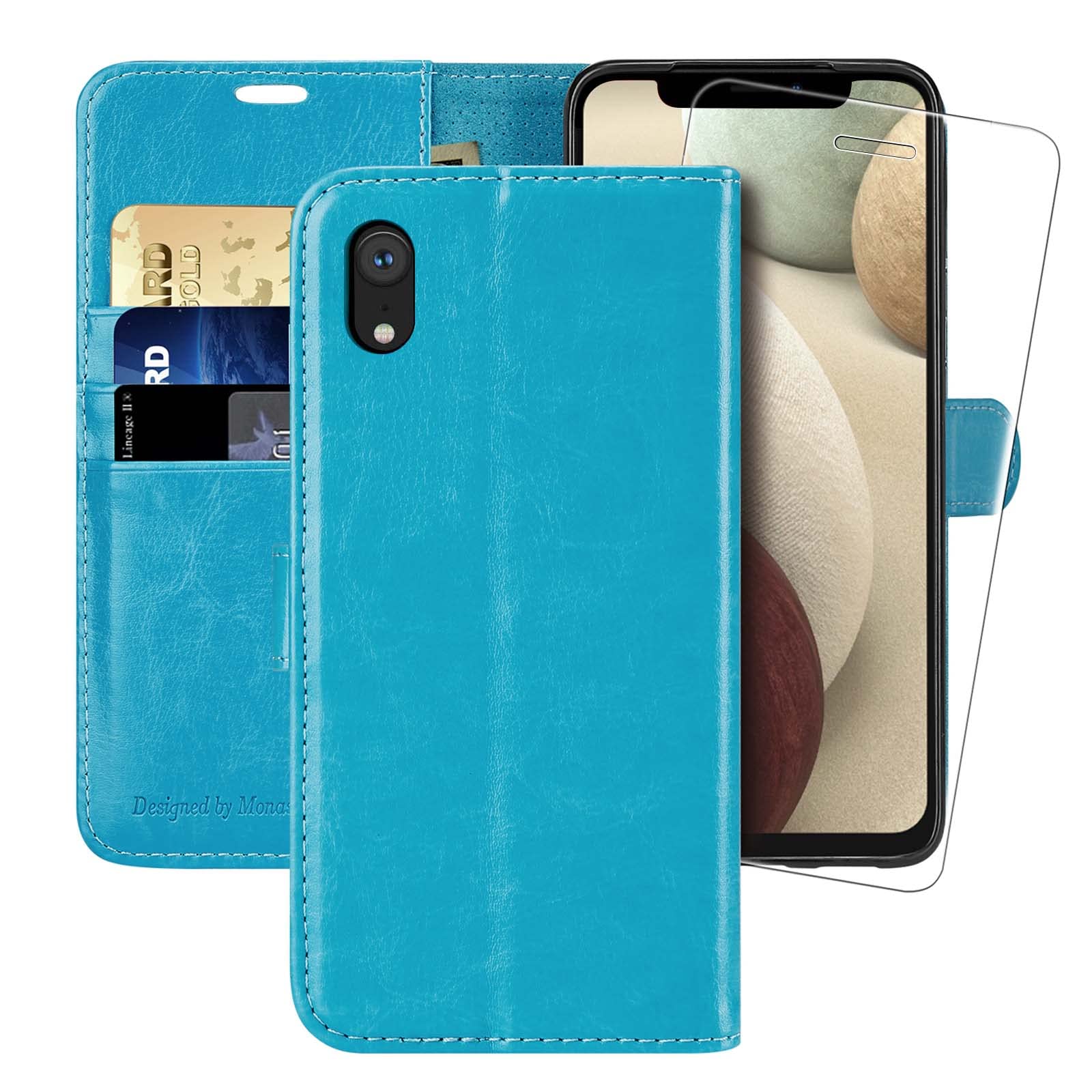 iPhone XR Wallet Case,6.1-inch,MONASAY [Glass Screen Protector Included] Flip Folio Leather Cell Phone Cover with Credit Card Holder for Apple iPhone XR,Light blue — image 1