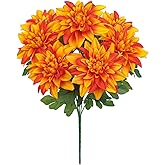 Hollyone Orange Artificial Dahlia Flowers Bush Fake Fall Flowers Artificial for Decoration Outdoor Indoor 7 Heads Silk Faux Dahlias Flower Bouquets Arrangements Centerpieces Fall Decorations for Home
