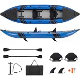 GYMAX Inflatable Kayak, 12.5Ft 507lbs Tandem Kayak with 2 Aluminum Paddles, 2 Padded Seats, Footrests, 2 Fins, Hand Pump, Carry Bag &amp; Repair Kit, 2 Person Fishing Touring Kayak for Adults