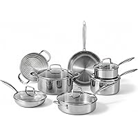 Lagostina Forte, Tri-Ply Clad, 12-pc Cookware Set , Stainless Steel Pots and Pans, stay-cool cast stainless steel handles, te