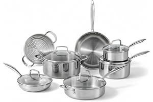 Lagostina Forte, Tri-Ply Clad, 12-pc Cookware Set , Stainless Steel Pots and Pans, stay-cool cast stainless steel handles, te