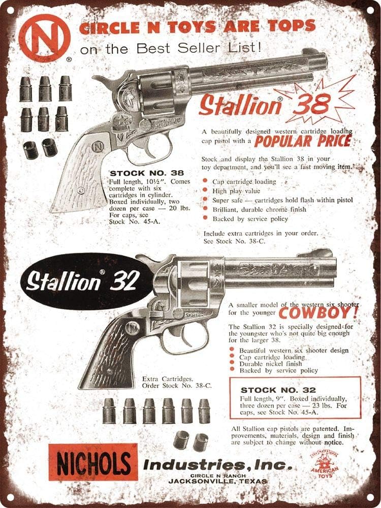 Yohoba 1957 Nichols Toy Cap Guns Pistol Stallion 22 Colt Pony Metal Sign 12"X 18"