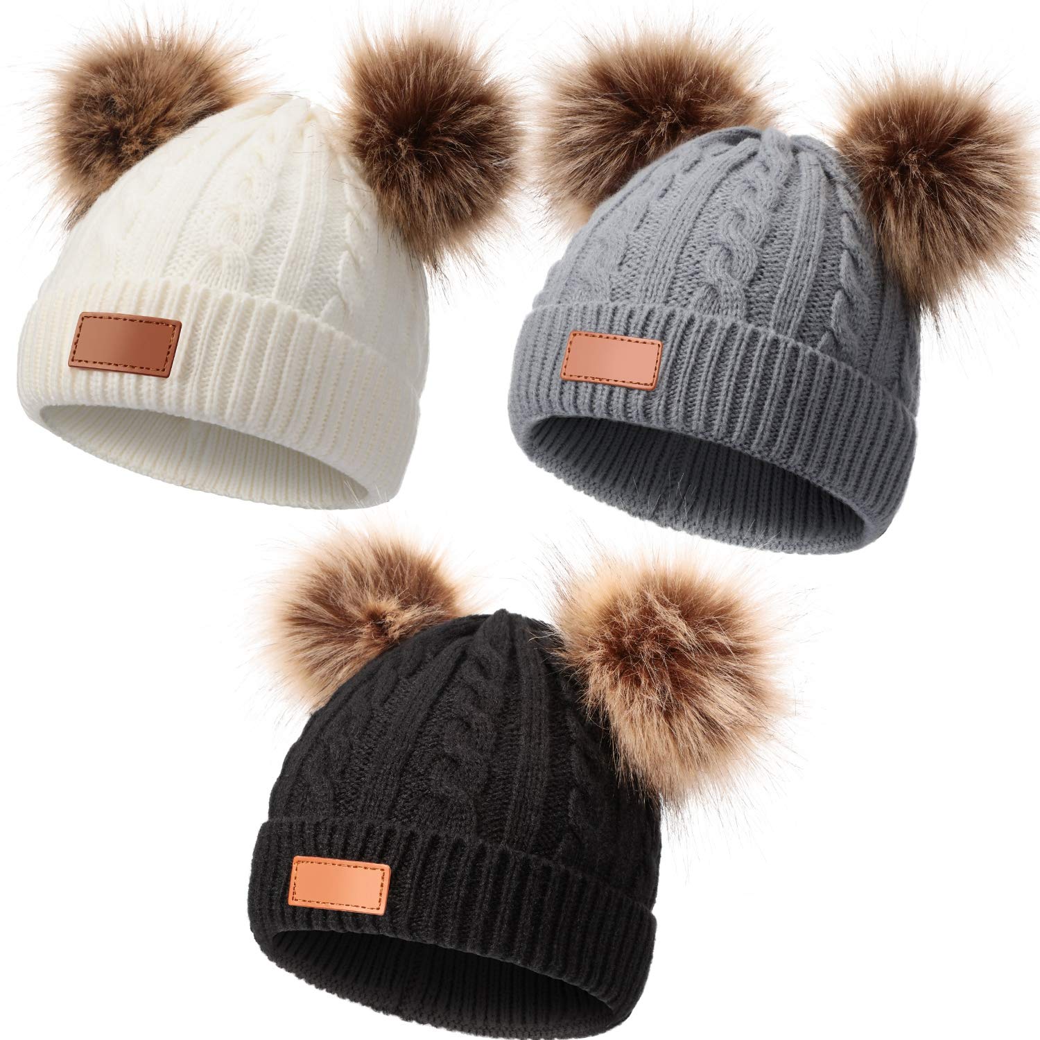 Geyoga Kids Toddler Winter Pompom Hat Baby Knitted Beanie Hat Faux Fur Pom Beanie Cap for Girls Boys 1-3 Years Old(Gray,White,Black,M)