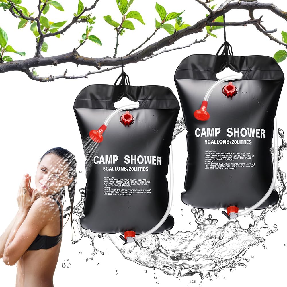 DANNEEFORSU7 Camping Shower Bag 20L, 2PCS Solar Shower Bag Black Portable Solar Heated Travel Shower Bag Hot Water with Removable Hose on-off Switchable Shower Head for Beach Outdoor Camping