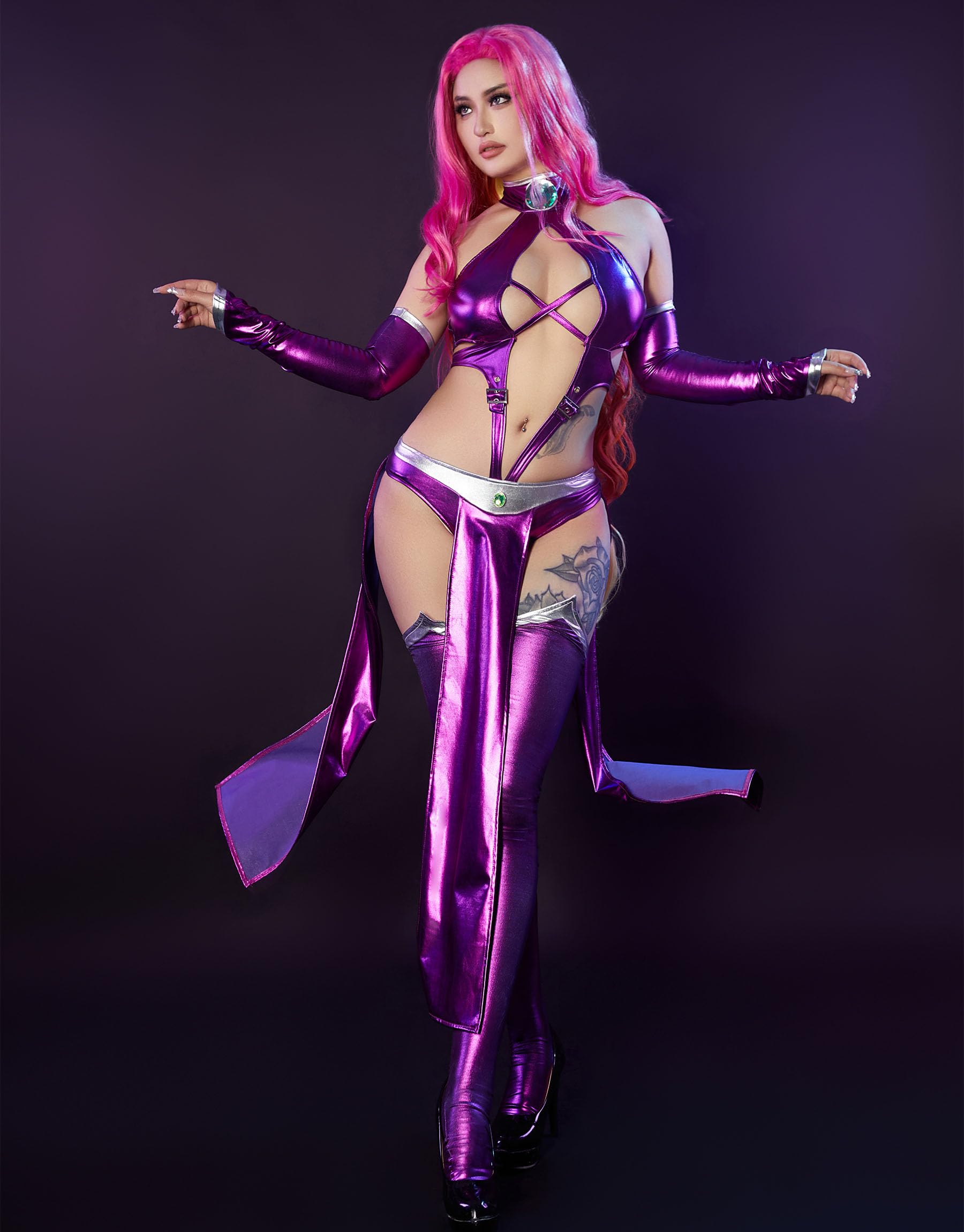Movie Cosplay Costume for Women Purple Bodycon Outfit Halter Cutout Bodysuit with Gloves Stockings