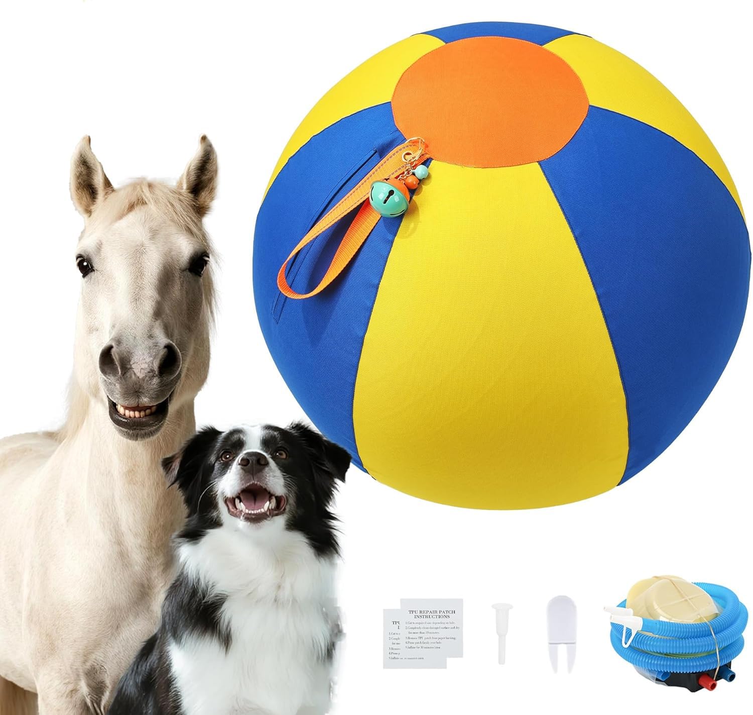 Photo 1 of Goyappin 22" Herding Ball for Dogs with Bell – Yellow & Blue Dog Ball for Large Dogs, Dog-Visible Colors, 900D Oxford Fabric, Non-Chew Interactive Dog Toy for Outdoor Training & Exercise