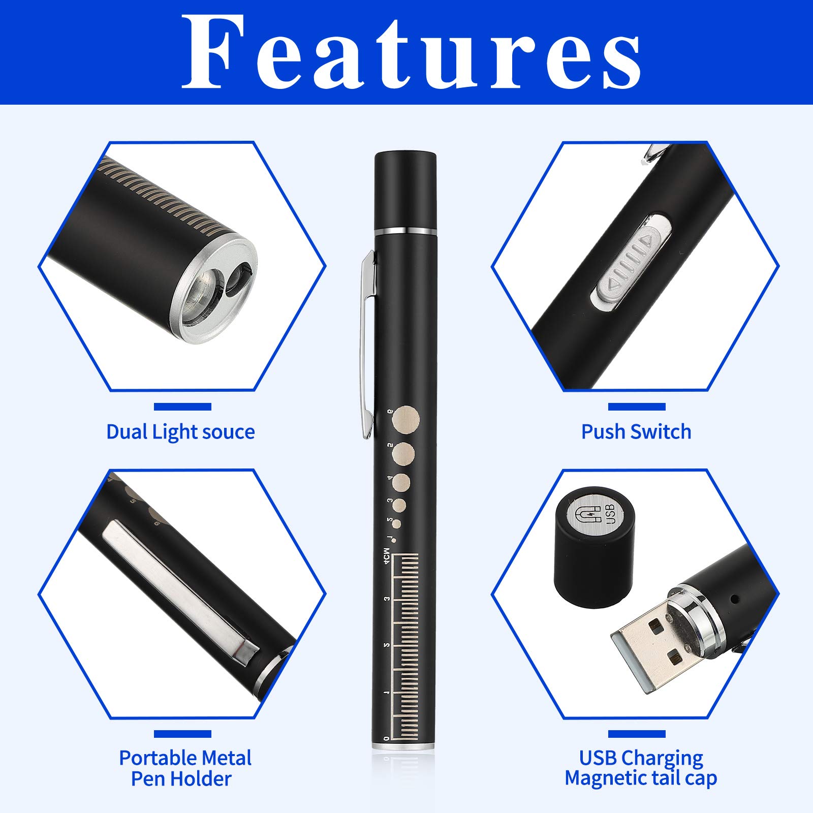 Honoson Pen Light, Reusable LED Penlight for Students Doctors Nurses with 2 LED Sources, USB Rechargeable, Extra Warm Light Bulb, Pocket Clip(Black, Silver,2 Pieces)