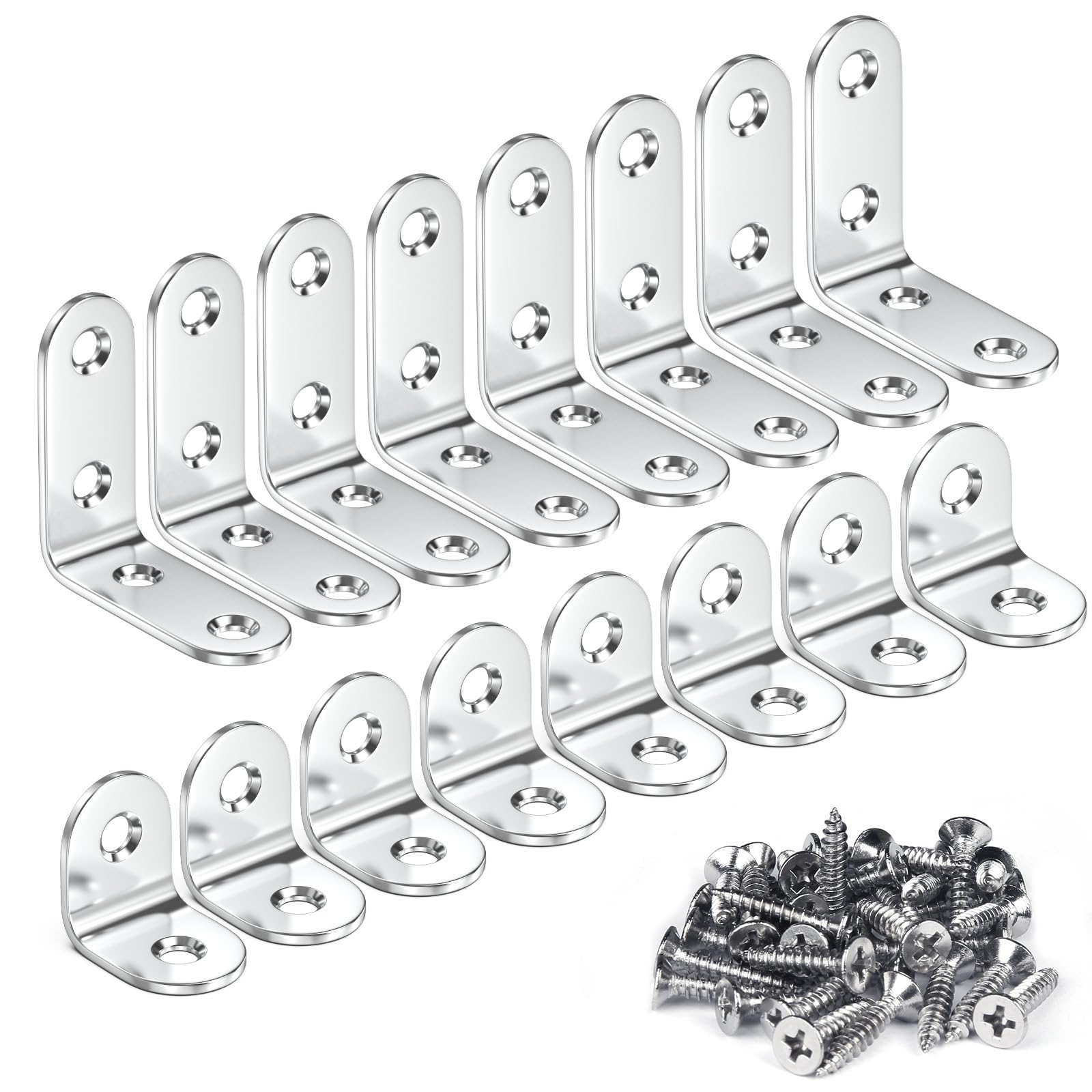 Teenitor 16 Pcs Corner Bracket - 8 Pack 40x40mm + 8 Pack 20x20mm 90 Degree Right Angle Brackets Fastener Stainless Steel L Shaped Corner Braces with 48 Pcs Screws Brace Corner Steel Joint Silver