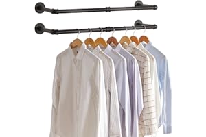 IBUYKE Industrial Pipe Clothes Rack Set of 2, 37 Inch Wall Mounted Clothing Rack, Space-Saving Hanging Closet Rod, Heavy Duty