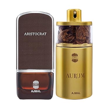 Ajmal Aristocrat EDP Citrus Woody Perfume 75ml for Men and Aurum EDP Fruity Floral Perfume 75ml for Women + 2 Parfum Testers FREE