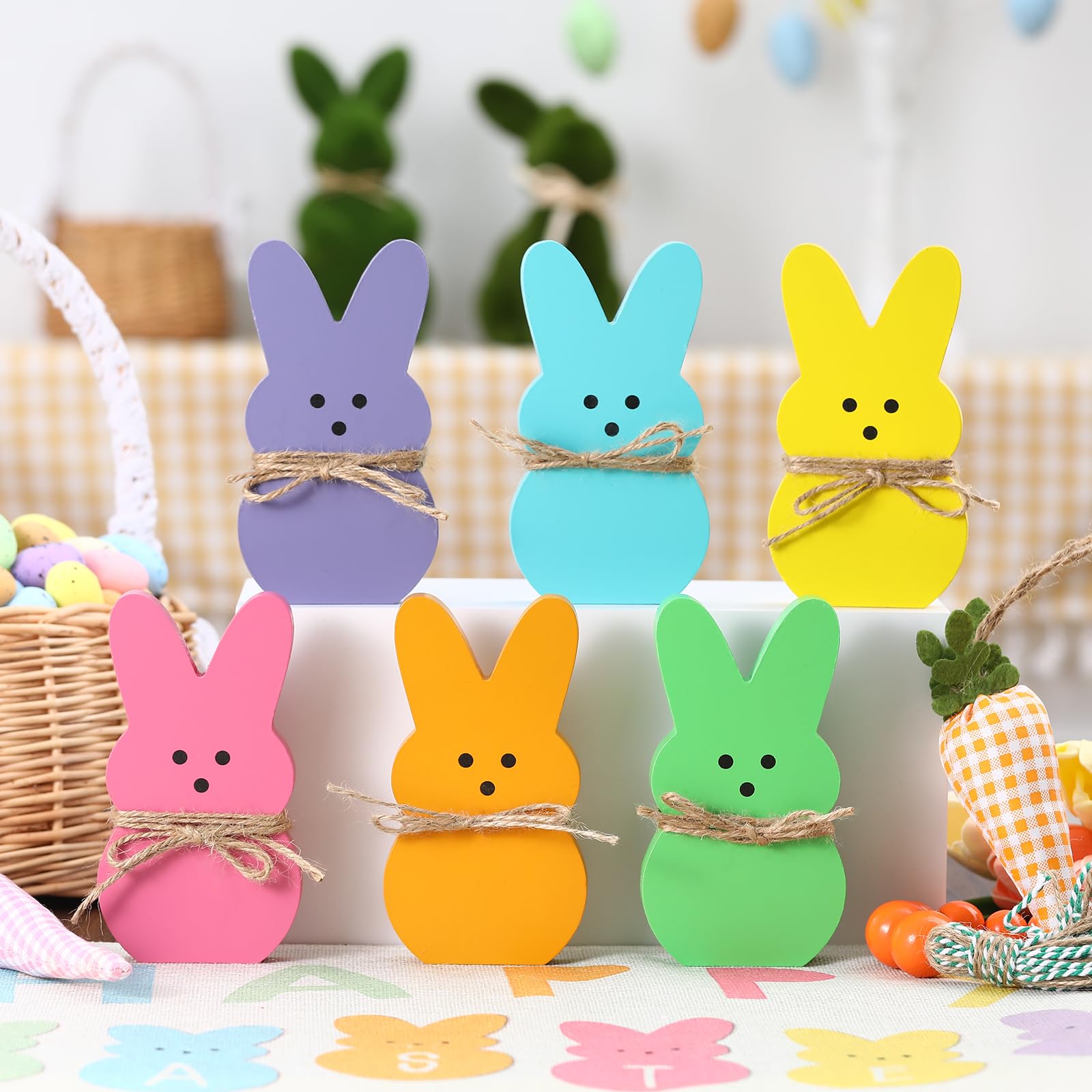 Easter Decorations- 6PCS Wooden Peeps Bunny Sign-Easter Bunny Decor for Spring Home Shelf Mantel Fireplace Table Windowsill Party Decor