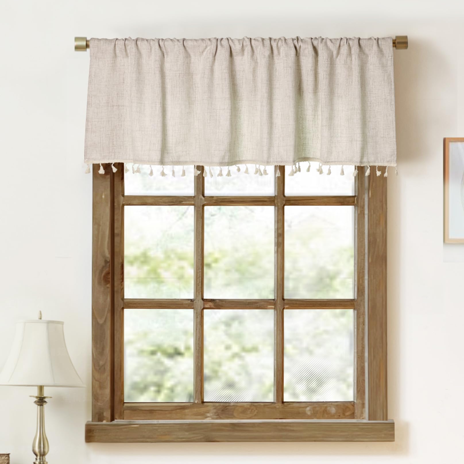 Photo 1 of 2 Pack Faux Linen Tassel Kitchen Valances for Windows Modern Farmhouse Neutral Valance Curtains Topper Country Rustic Bathroom Small Window Treatment Boho Decor (54x15 inch, Natural)