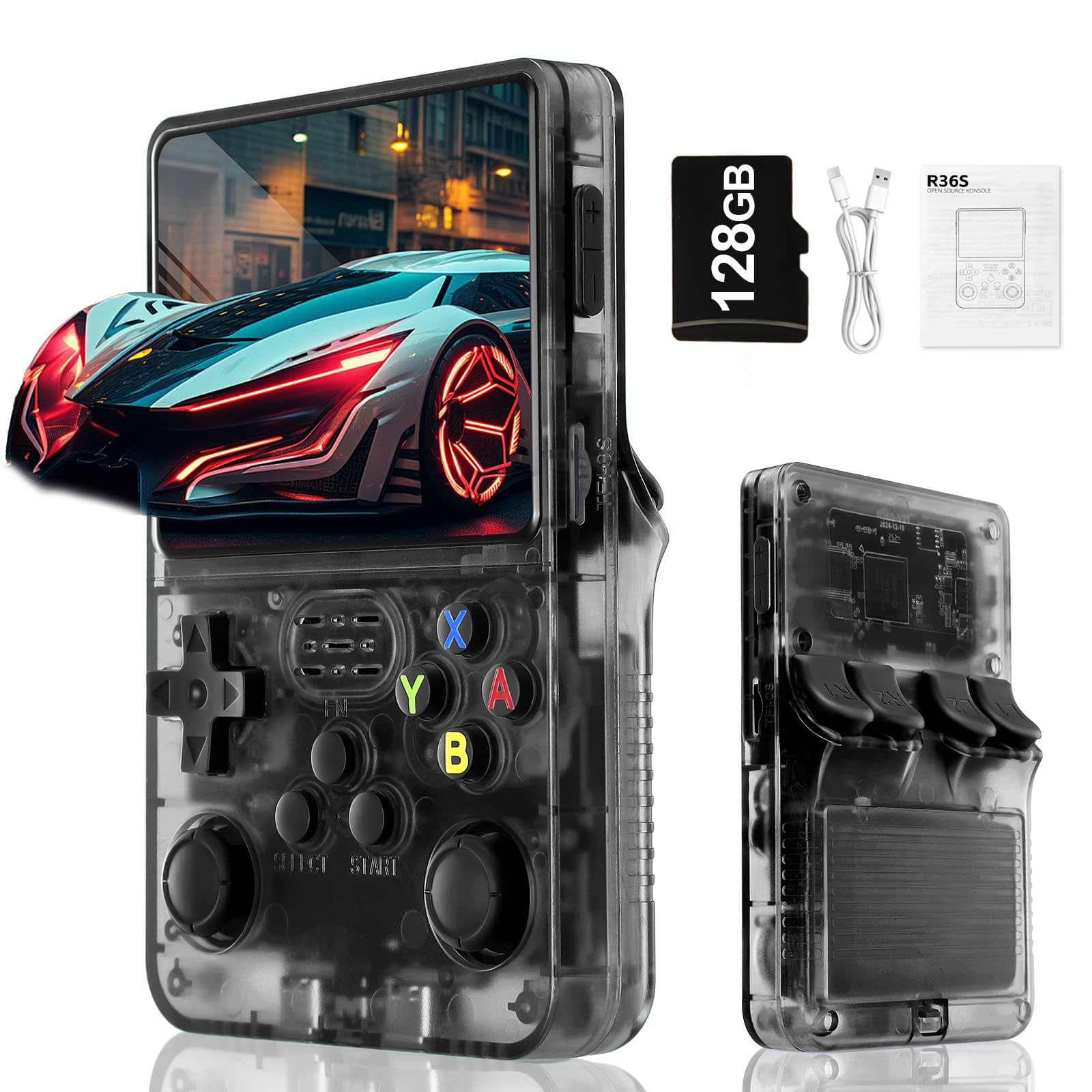 Blidinner R36S Retro Handheld Video Game Console -With Linux System,3000mAh Battery,3.5 Inch Screen,30000+ Classic Games,Portable Game Console for Present to Give Friends for Christmas-(Black)(128GB)