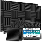 Knightsacoustic 96 Pack Sound Proof Foam Panels for Walls, 1 X 12 X 12 Inches Acoustic Foam Panels, High Density Acoustic Panels Sound Absorbing, Black Noise Cancelling Studio Wedges(NOT ADHESIVE)