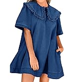 Wenrine Womens Summer Denim Mini Dress Oversized Peter Pan Collar Short Sleeve Casual Flowy Babydoll Jean Dresses