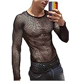Milumia Men Fishnet Mesh T Shirt Long Sleeve Crewneck See Through Rave Party Tops