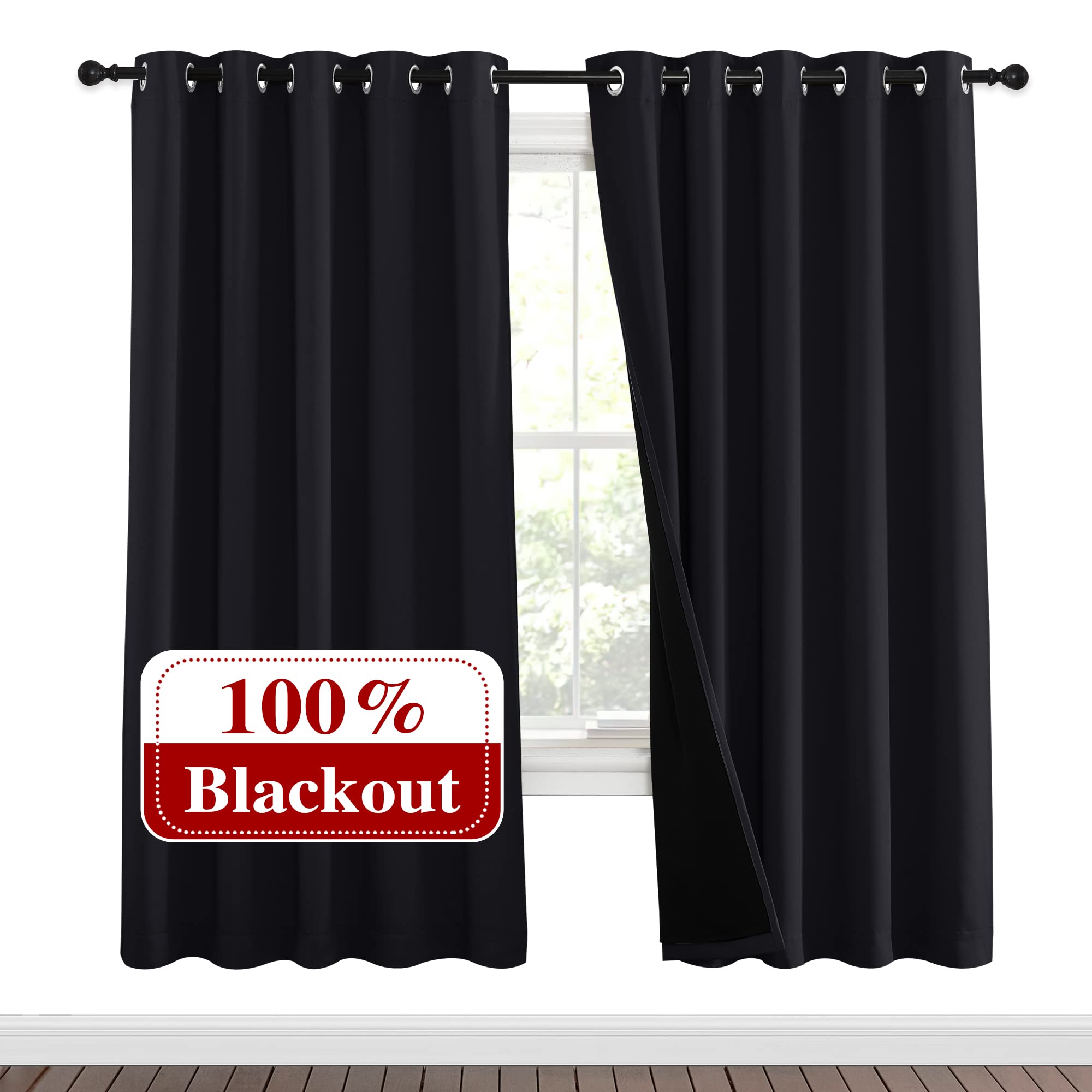 Photo 1 of NICETOWN 100% Blackout Window Curtain Panels, Full Light Blocking Drapes with Black Liner for Nursery, 72 inches Drop Thermal Bedroom Drapes and Curtains (Black, 2 Pieces, 62 inches Wide Per Panel)