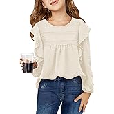 Haloumoning Girls Long Sleeve Shirts Cute Tops Crewneck Ruffle Swiss Dot Blouses for Kids 4-14 Years