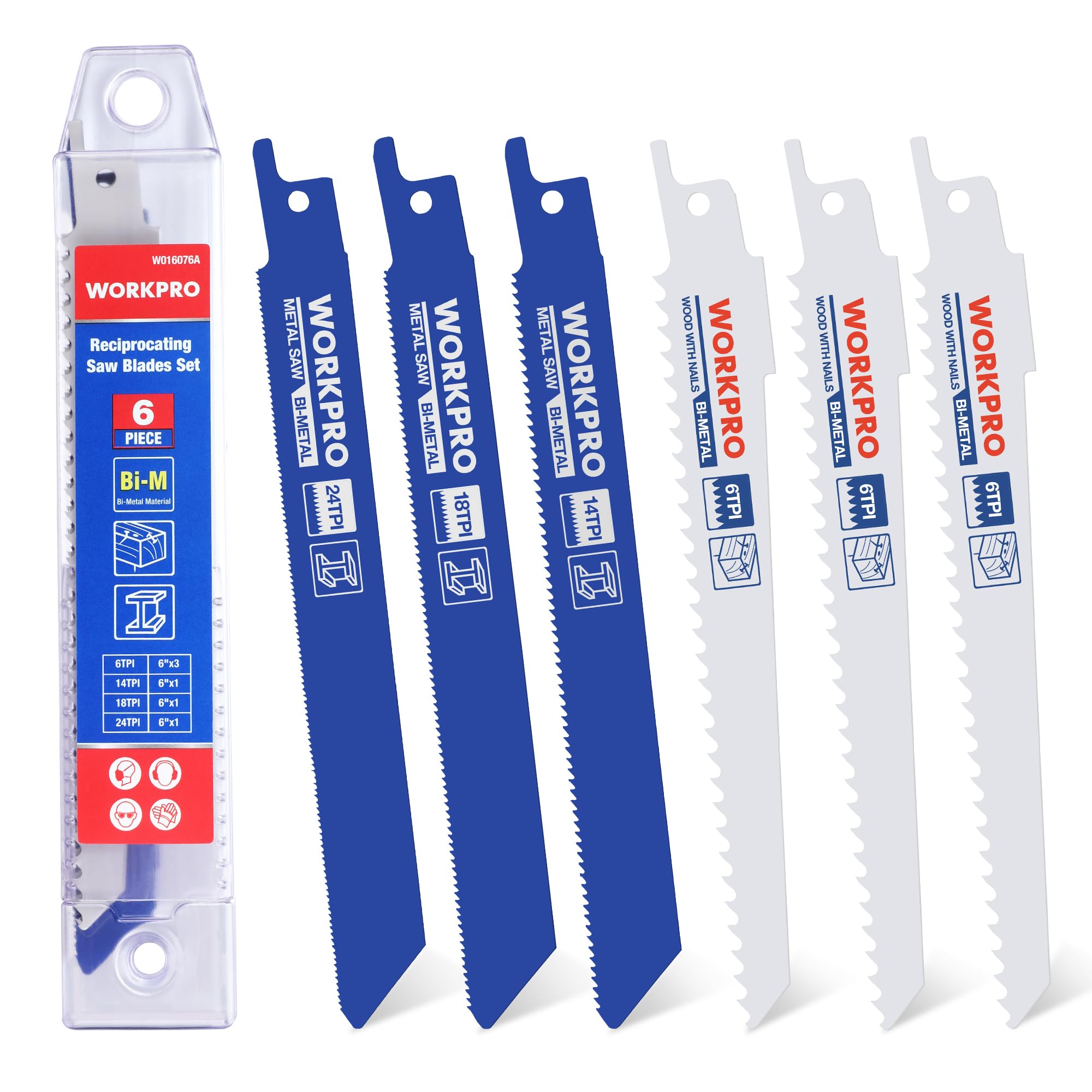 WORKPRO 6-Piece Reciprocating Saw Blades Set, Sabre Saw Blades for Metal/Wood Cutting, Bi-Metal Saw Blades Set with Plastic Storage Box, Compatible with Most Reciprocating Saw