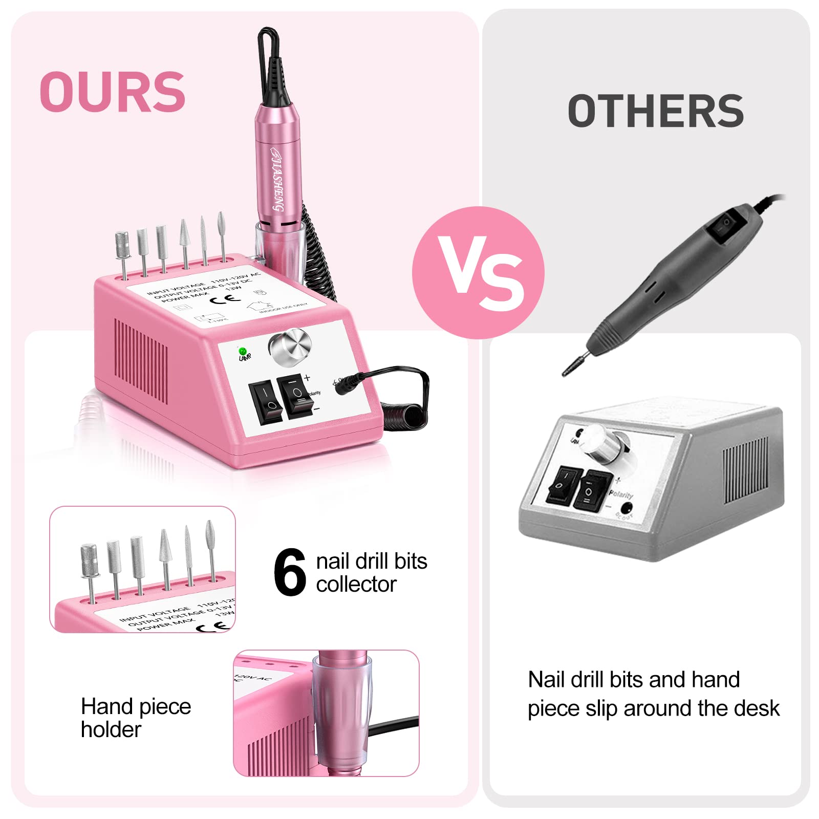 20000RPM Electric Nail Drill Professional Nail File Drill Acrylic Nails Kit for Manicure Gel Nail Polish Remover with 1 Pack of Sanding Bands(Pink) - Image 3
