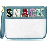 LSxia Chenille Letter Clear Travel Zipper Pouch Nylon Makeup Bag, Preppy Makeup Bag Clear Cosmetic Toiletry Bag, Water-proof Makeup Travel Pouch Snack Bags for Women (Blue-Snack)