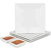 CHEFQ [4 Pack 10" x 10" White Square Melamine Plates, Unbreakable Elegant Dinnerware Set With Sauce Dish