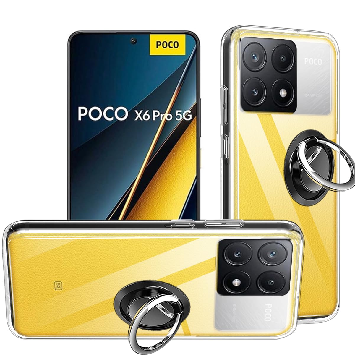 HuiYouMY 2-in-1 Case + Phone holder Ring Compatible with POCO X6 Pro 5G Cover for POCO X6 Pro 5G, Slim Fit Soft TPU Shockproof Anti-Scratch Phone Case Cover - Clear
