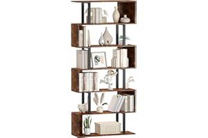 Yusong Geometric Bookcase, S Shaped Bookshelf 6-Tier Book Shelves for Bedroom, Modern Wood Decorative Display Shelf Tall Book Case for Home Office, Bown and Black
