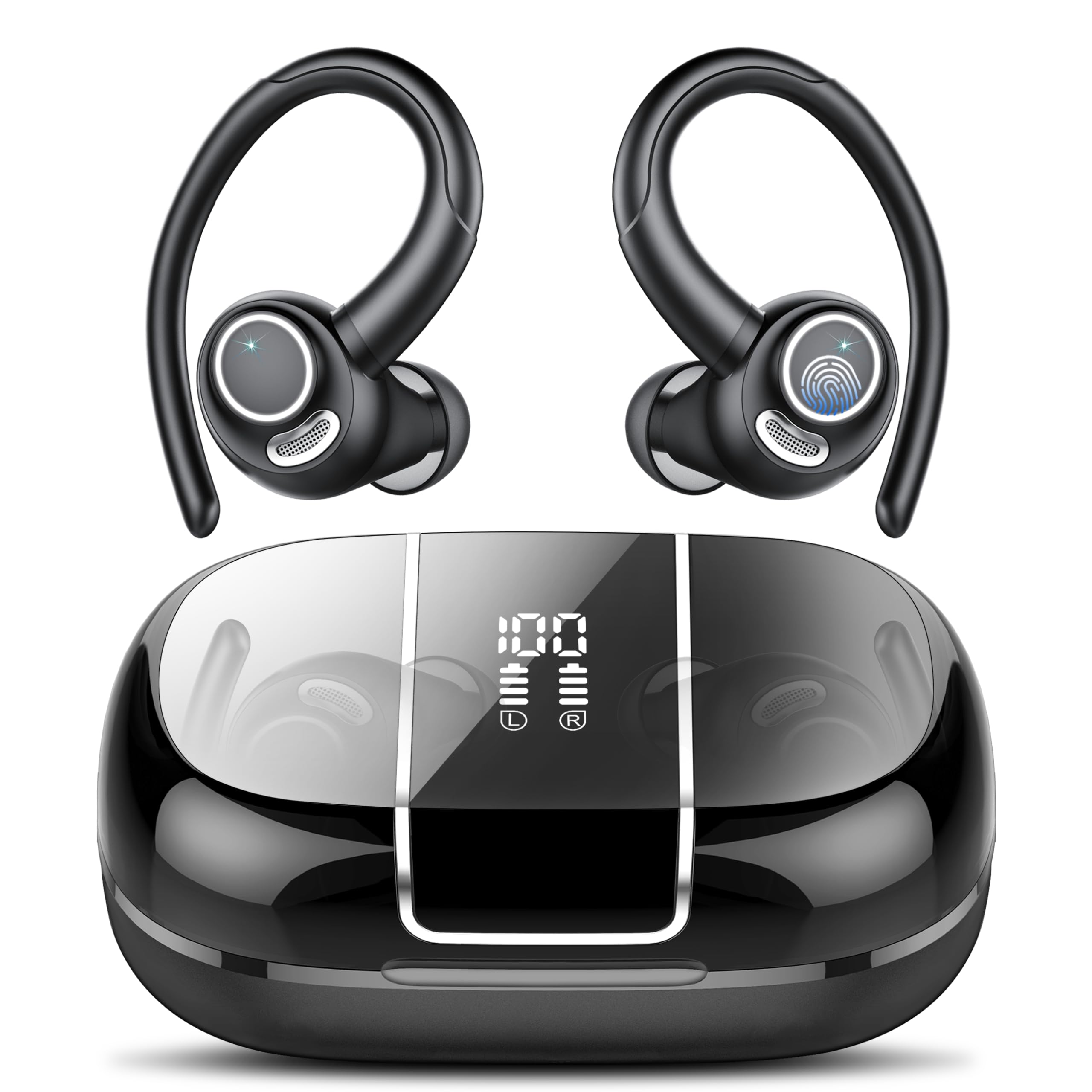 Wireless Earbuds Bluetooth 5.3 Headphones Sports, 48H Over Ear Buds with ENC Mic, Stereo Deep Bass Bluetooth Earbuds with Secure Earhooks, LED Display, IPX7 Waterproof Earphone for Running/Gym/Workout Image