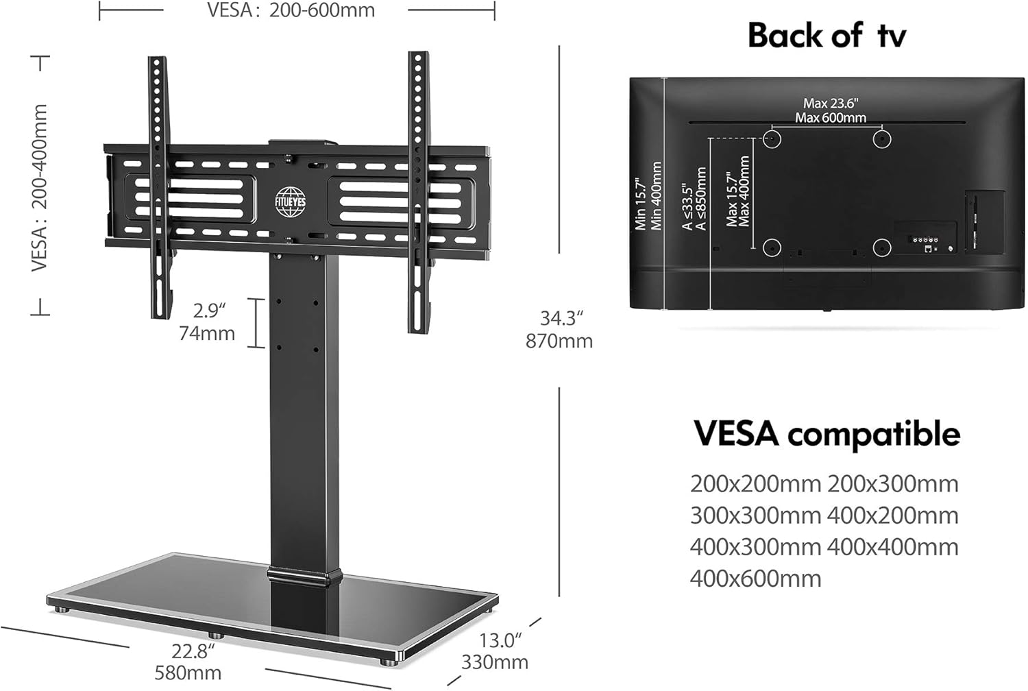 VESA 600 x 400 mm Capacité Max de 60 kg FITUEYES Universel Support de