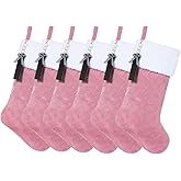 Shgngle Pink Velvet Quilted Personalized Christmas Stocking,19.5 Inch Fireplace Hanging Stockings with Blank Wooden Tags DIY Name,Family Holiday Decorations and Xmas Gift- 6Pcs