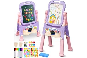 AuntyFey Easel for Kids, Toddler Easel, Double-Sided Chalk Board Kid, White Board, Kid Art Easel, Art Easel Age 4-8, Christmas Gift, Pink&Purple