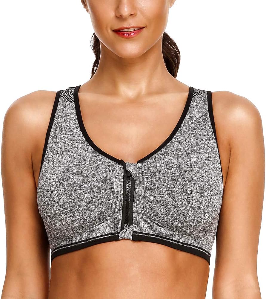 Women's Zip Front Sports Bra - Comfortable Wirefree Racerback Yoga Sports Bras