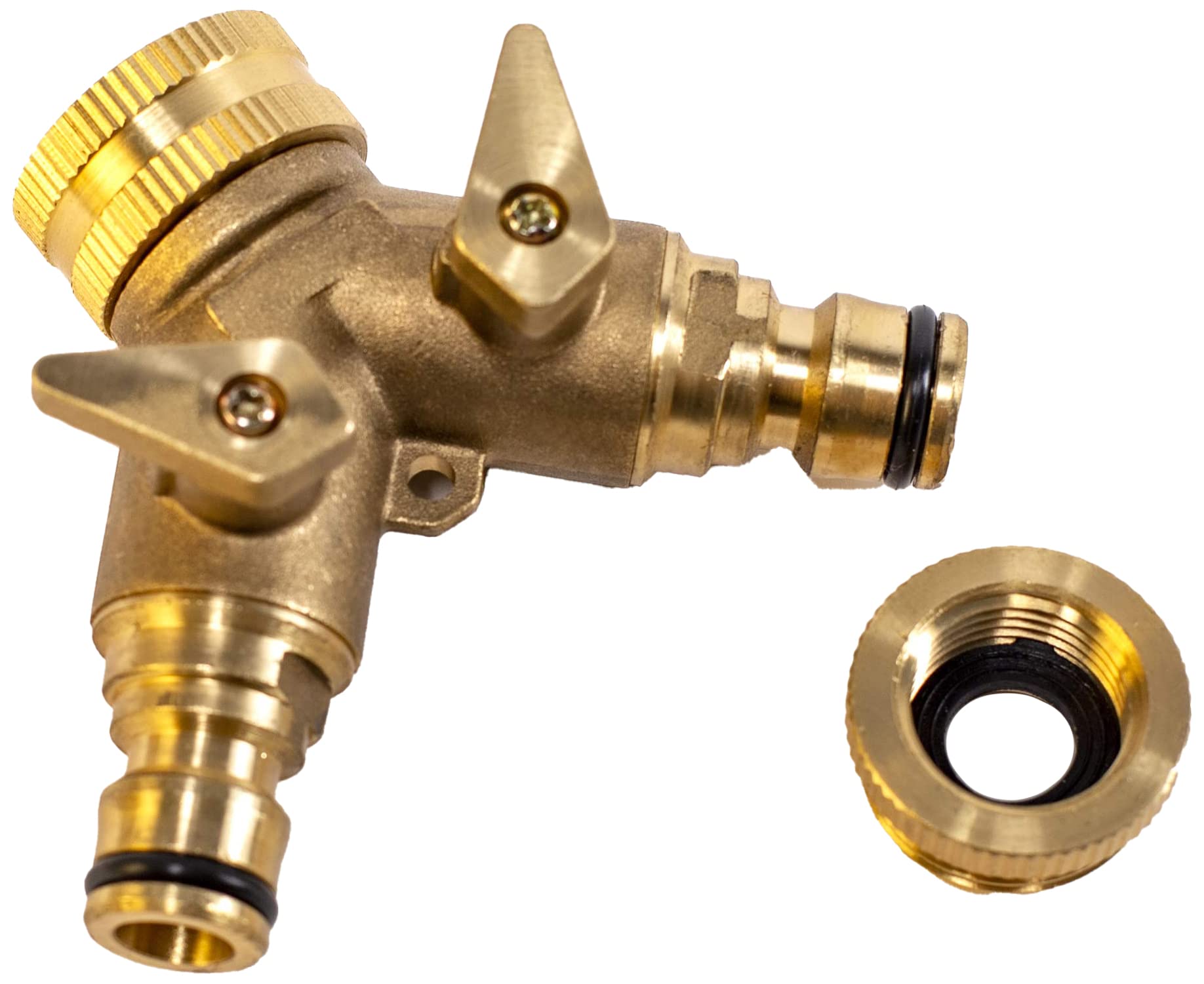 UPP 2-Way Tap Connector for 1/2" & 3/4" BSP (hose connector: 3/4" male thread) | Corrosion Resistant I Made of solid brass I 9,5 x 8 x 4 cm
