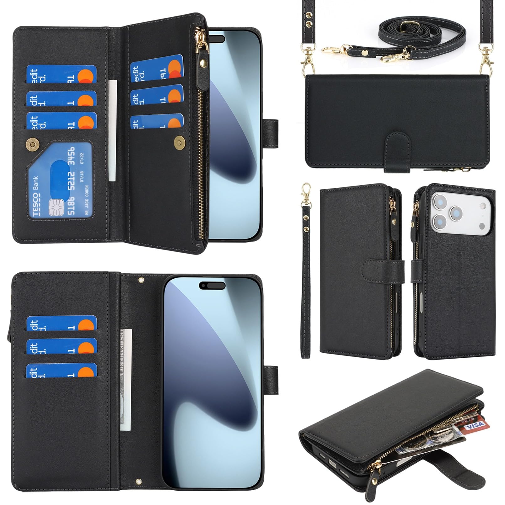 Jaorty Crossbody Phone Wallet Compatible with iPhone 17 Pro Max Case for Women Men, with Card Holder, 6.9 Inch,Purse with Shoulder Lanyard,[Wrist Strap], Zipper Pocket PU Leather, Black