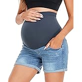 HOFISH Women's Maternity Denim Shorts Over The Belly Stretchy Comfy Jean Shorts Pants Casual Workout Pregnancy Shorts