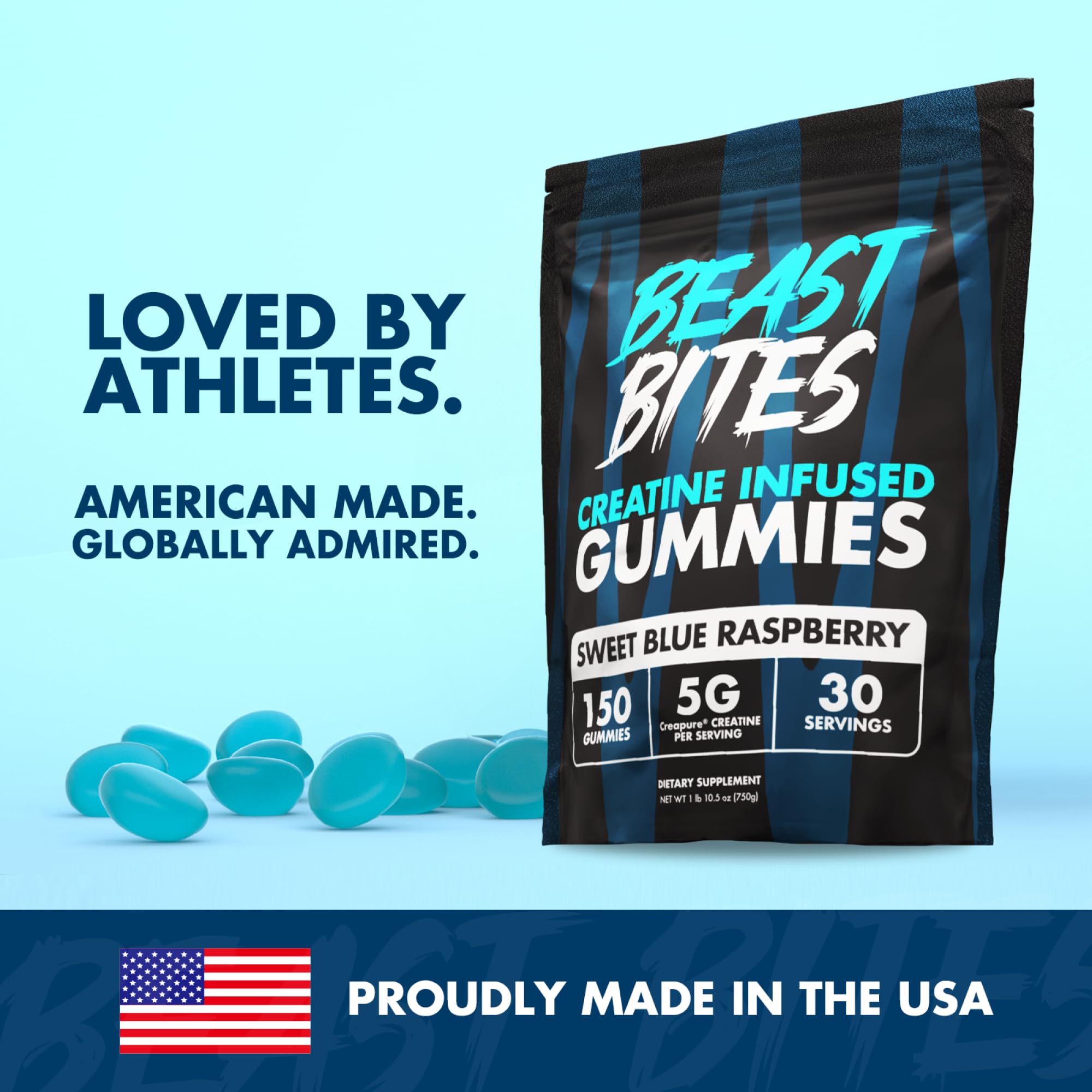 BEAST BITES Creatine Monohydrate Gummies - for Men and Women - 5g Creapure Creatine, Support Muscle Mass, Strength, and Cognitive Function - Made in USA - 150 Gummies - 30 Servings