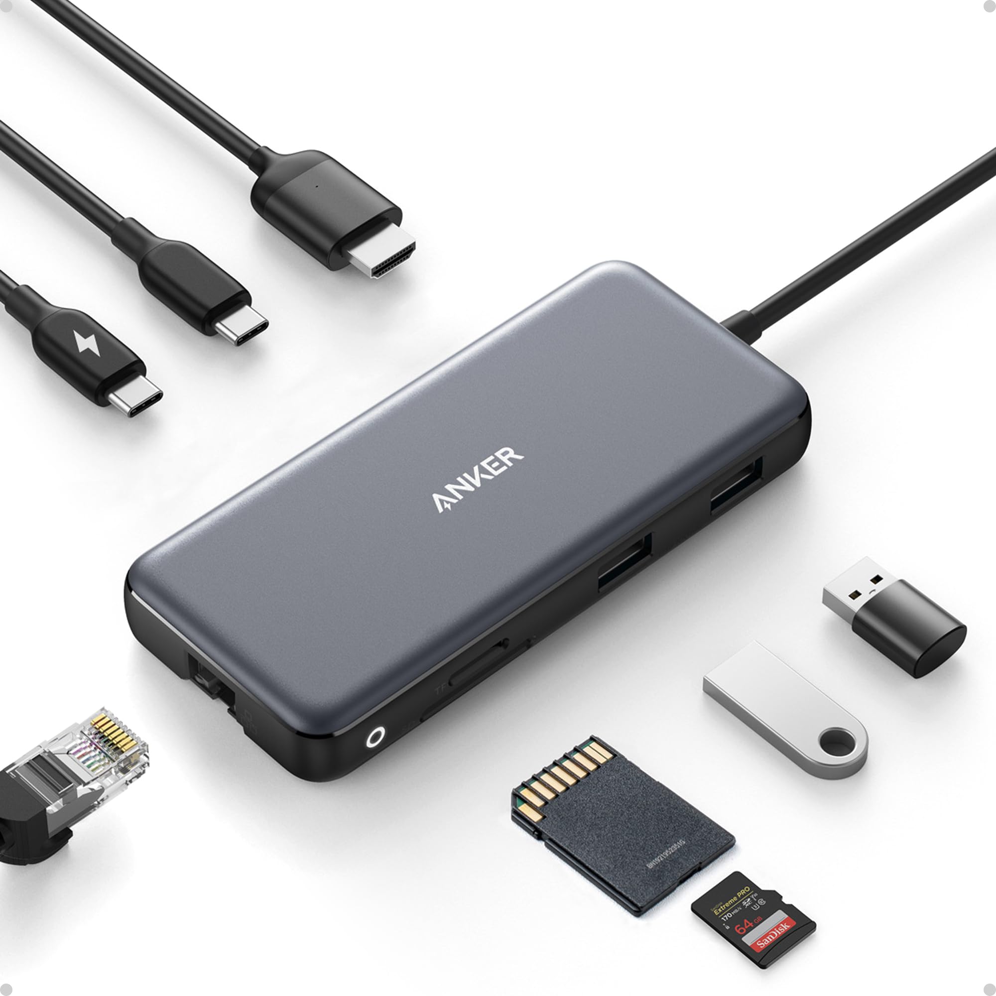 Anker USB C Hub con Ethernet, Adaptador Ethernet multipuerto 8 en 1 con puerto HDMI 4K 60 Hz, suministro de energía de 85 W, USB C de 10 Gbps y puertos de datos 2 A, lector de tarjetas SD microSD, para MacBook Pro/XPS/iPad y más