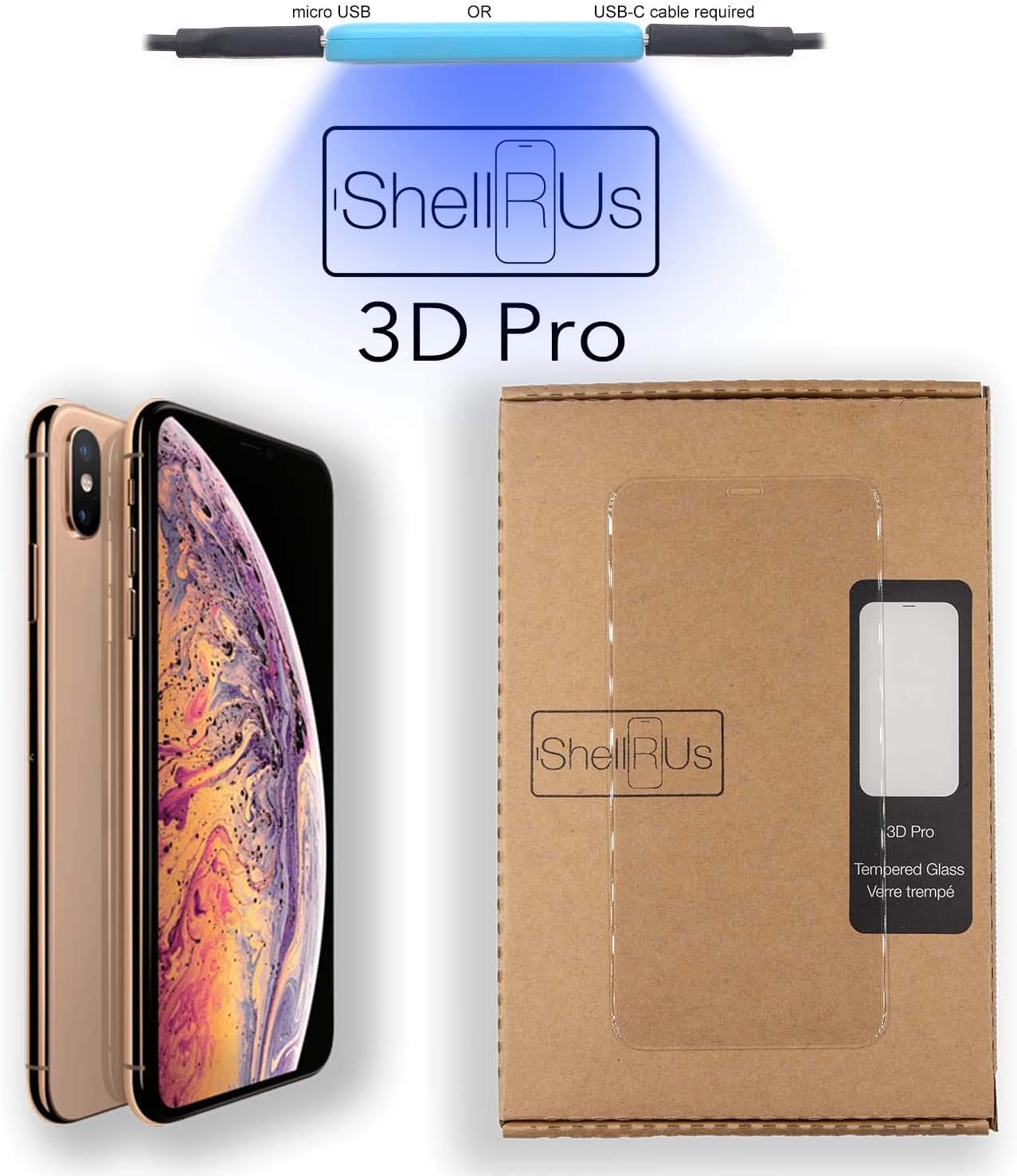 iPhone Xs MAX Screen Protector [Shellrus 3D Pro] Full Glue 3D Curved Edge Tempered Glass Screen Protector [UV Cure JellyGlue] DIY Kit for Apple iPhone Xs MAX, Fix Scratches
